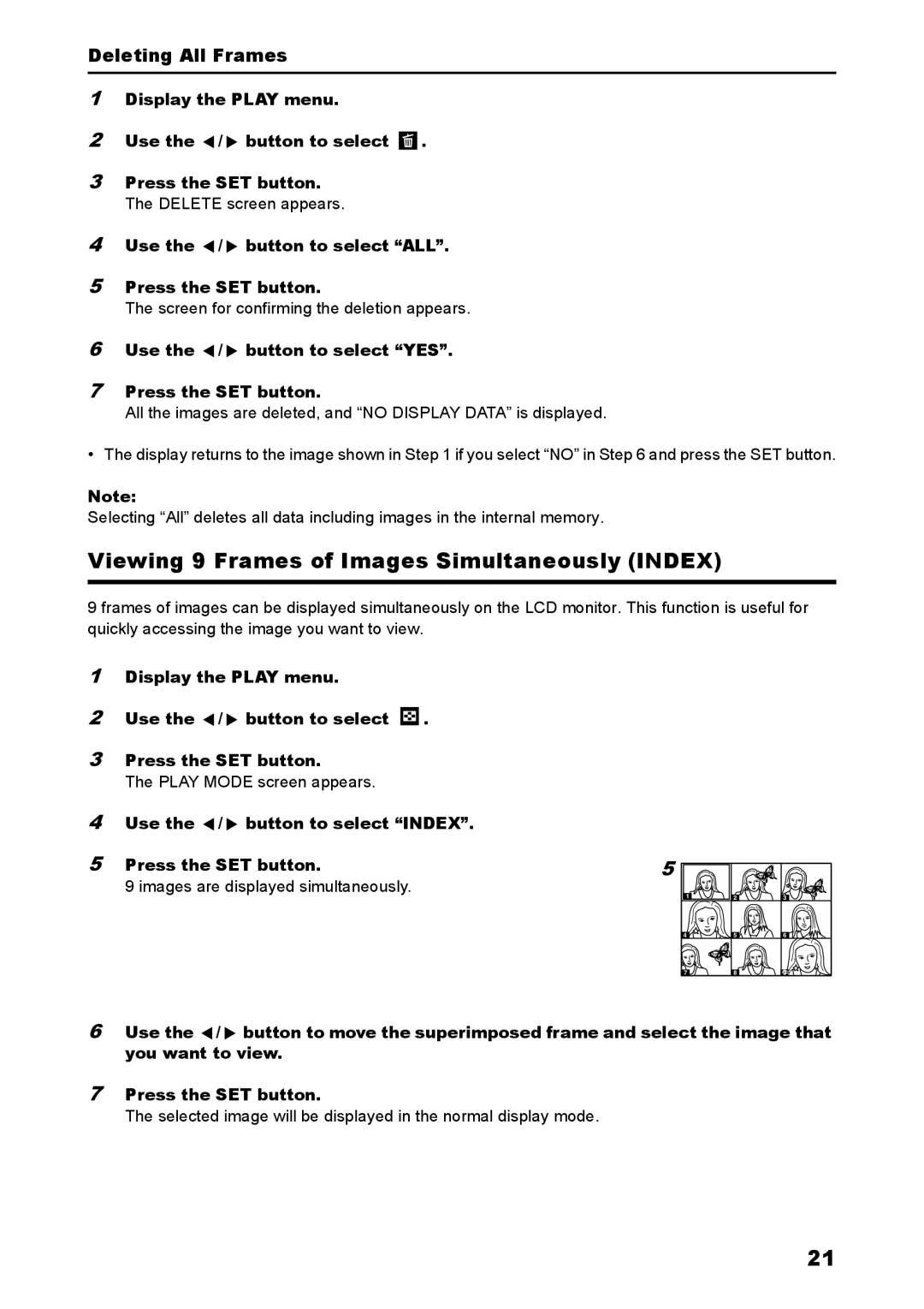 Konica Minolta C2 warranty Use the / button to select Index, Viewing 9 Frames of Images Simultaneously Index 