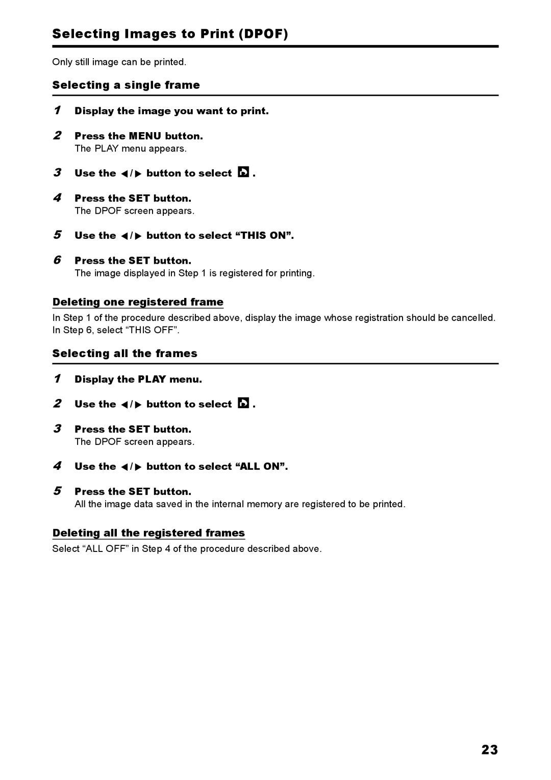 Konica Minolta C2 warranty Selecting Images to Print Dpof, Selecting a single frame, Deleting one registered frame 