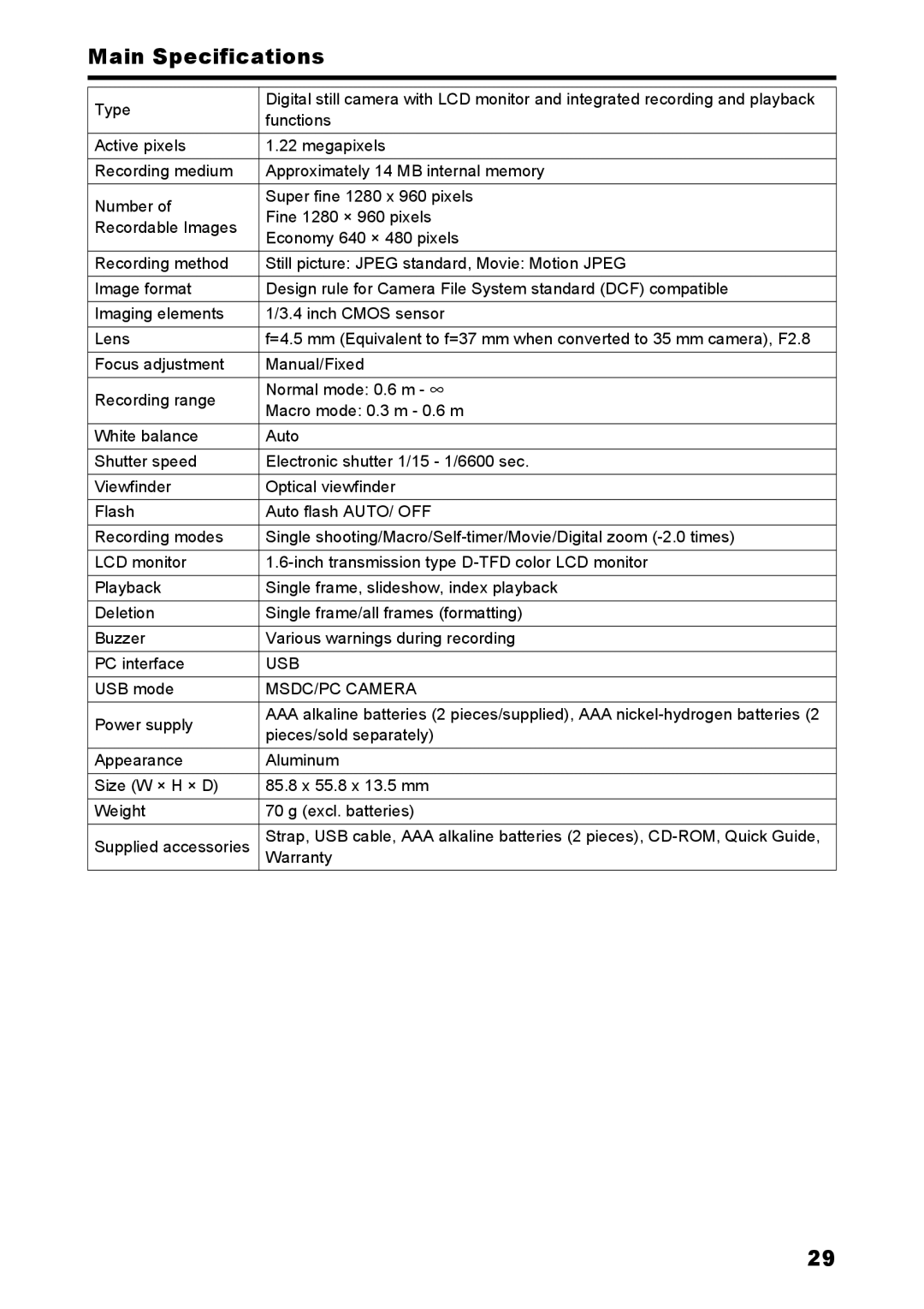 Konica Minolta C2 warranty Main Specifications, MSDC/PC Camera 