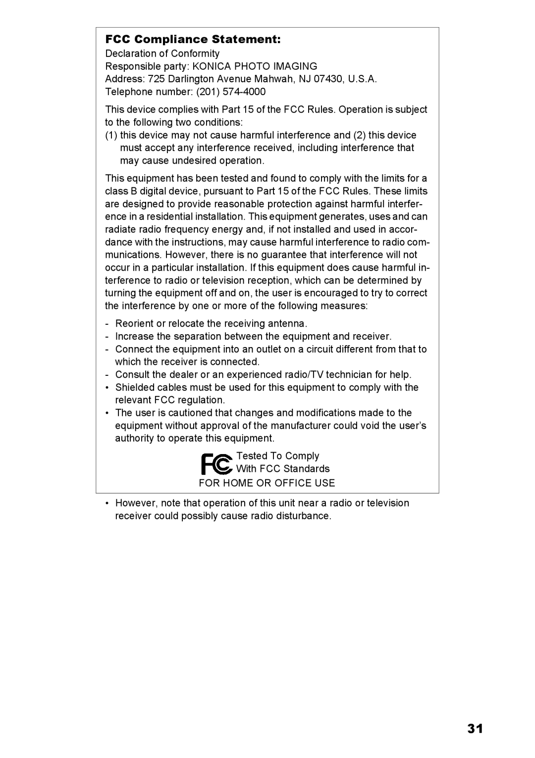 Konica Minolta C2 warranty FCC Compliance Statement 