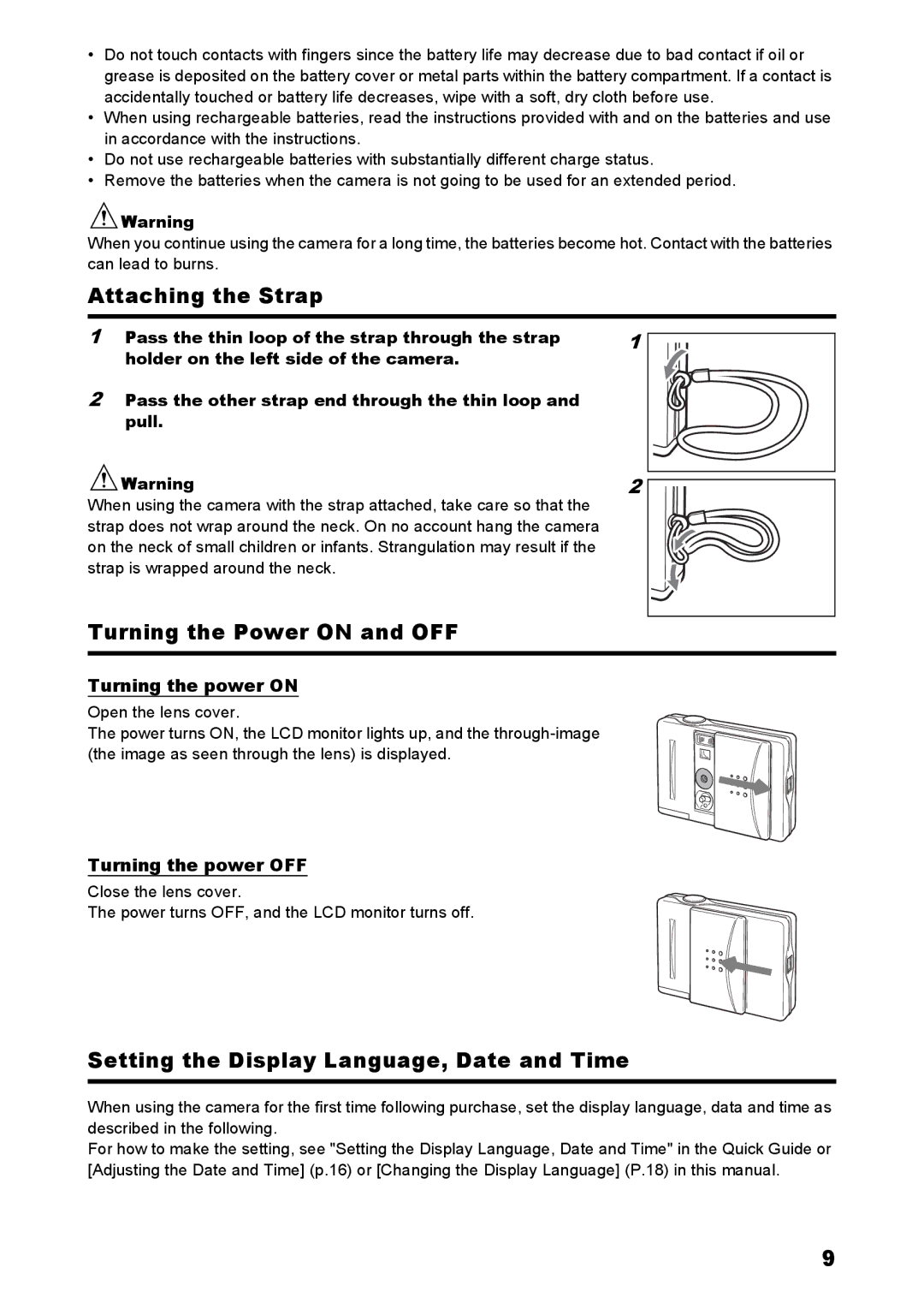 Konica Minolta C2 warranty Attaching the Strap, Turning the Power on and OFF, Setting the Display Language, Date and Time 