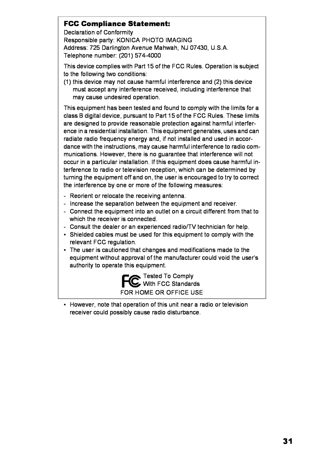 Konica Minolta C2 warranty FCC Compliance Statement 