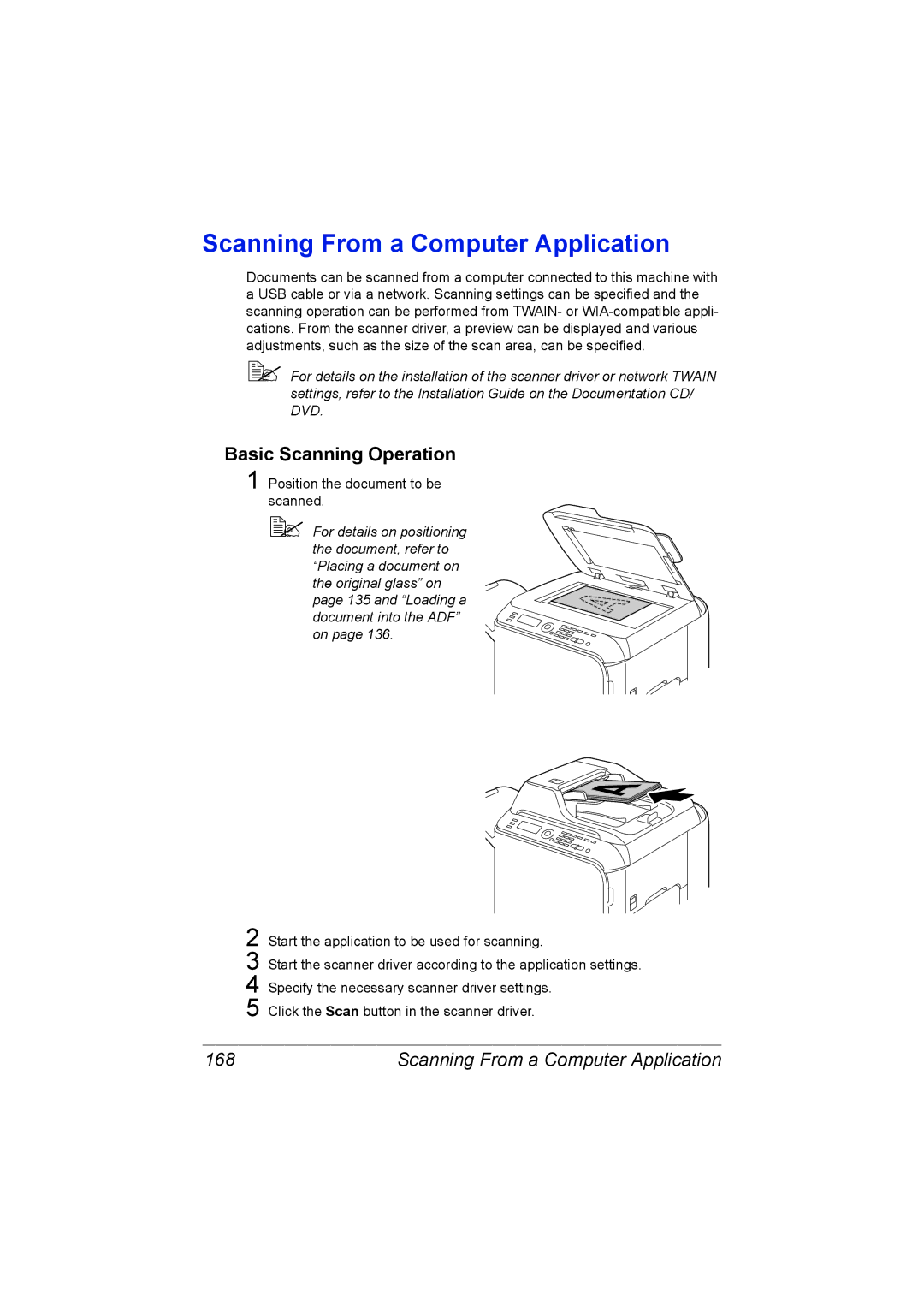 Konica Minolta C20 manual Scanning From a Computer Application, Basic Scanning Operation, 168 