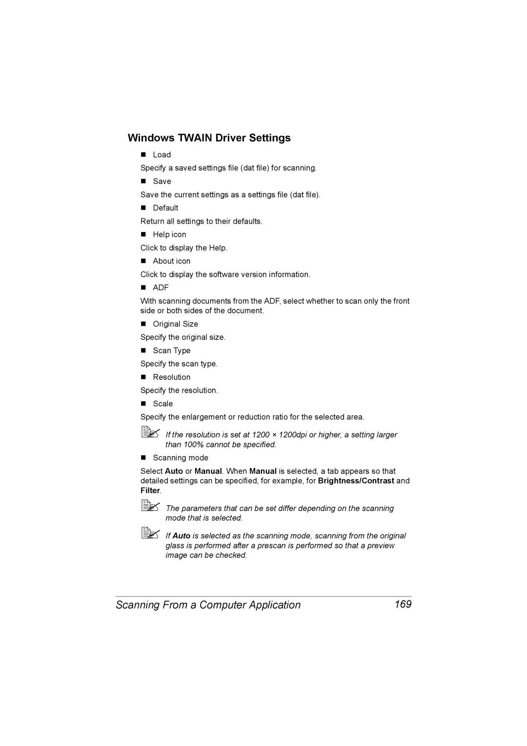 Konica Minolta C20 manual Windows Twain Driver Settings, Scanning From a Computer Application 169 