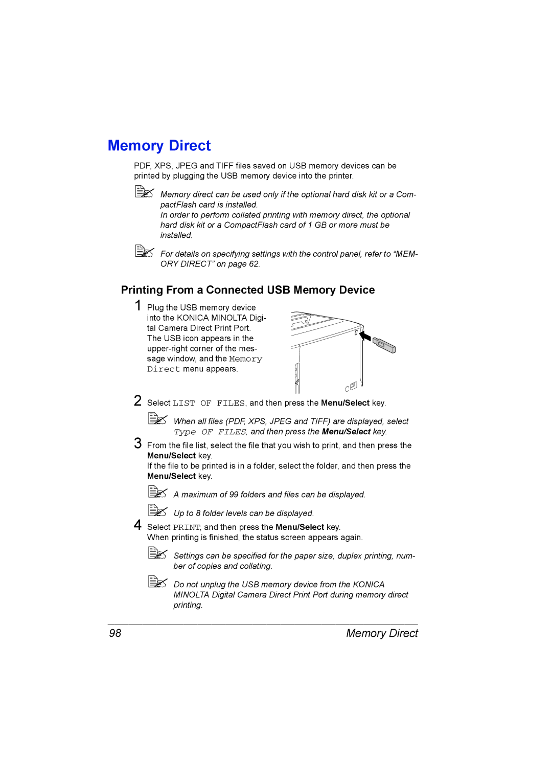 Konica Minolta C20P manual Memory Direct, Printing From a Connected USB Memory Device 