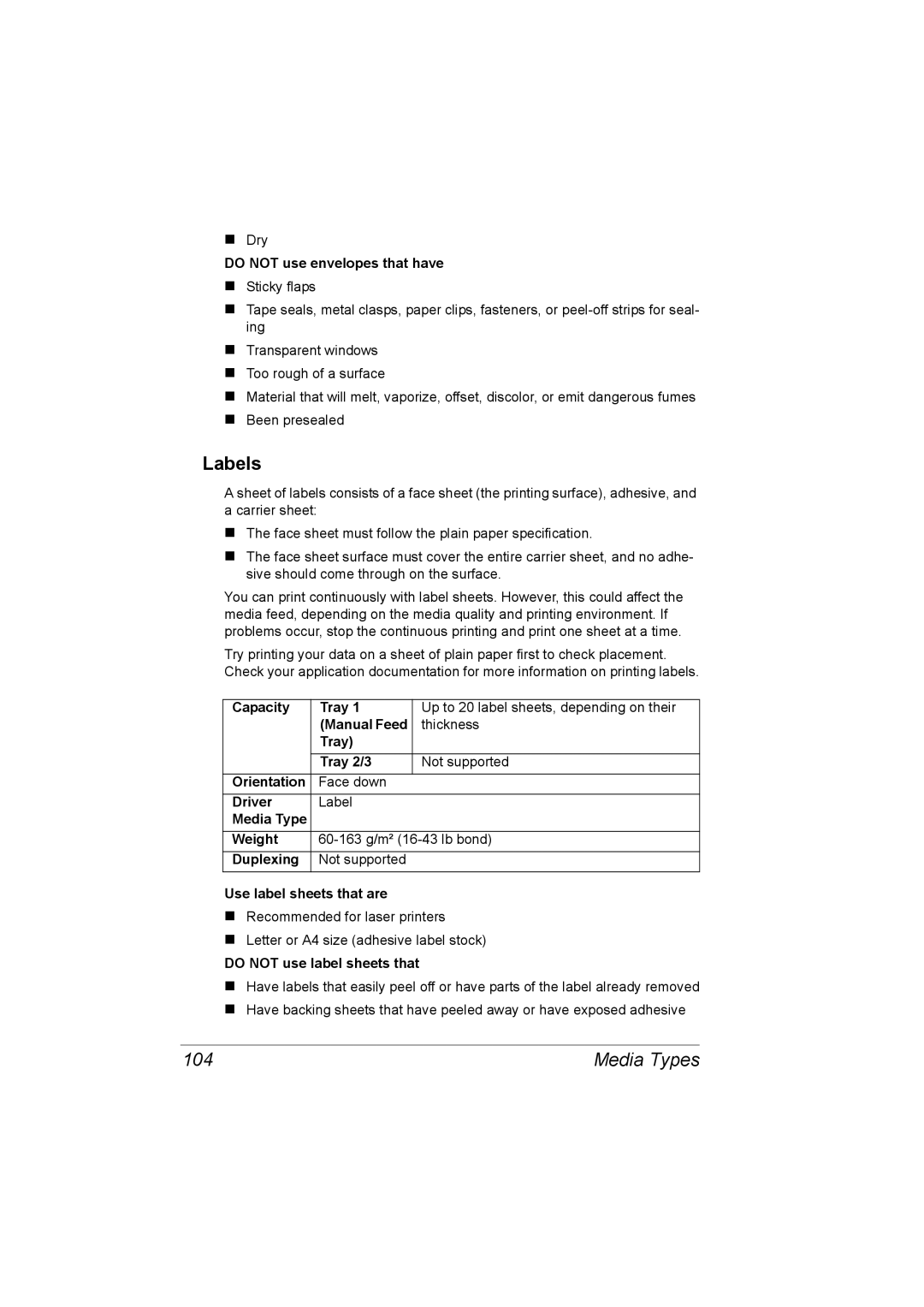 Konica Minolta C20P manual Labels, 104, Do not use envelopes that have, Do not use label sheets that 