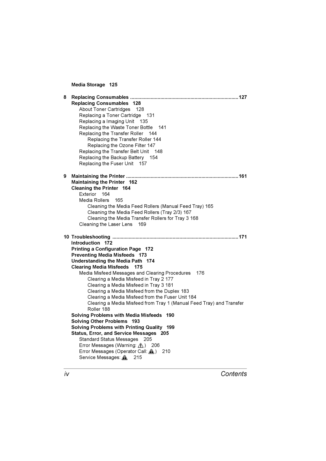 Konica Minolta C20P Media Storage, 127, Replacing Consumables, Maintaining the Printer 161 162 Cleaning the Printer, 171 