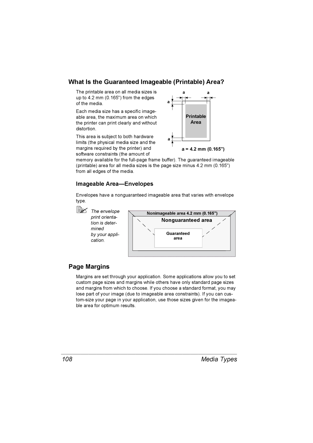 Konica Minolta C20P manual What Is the Guaranteed Imageable Printable Area?, Margins, 108, Imageable Area-Envelopes 