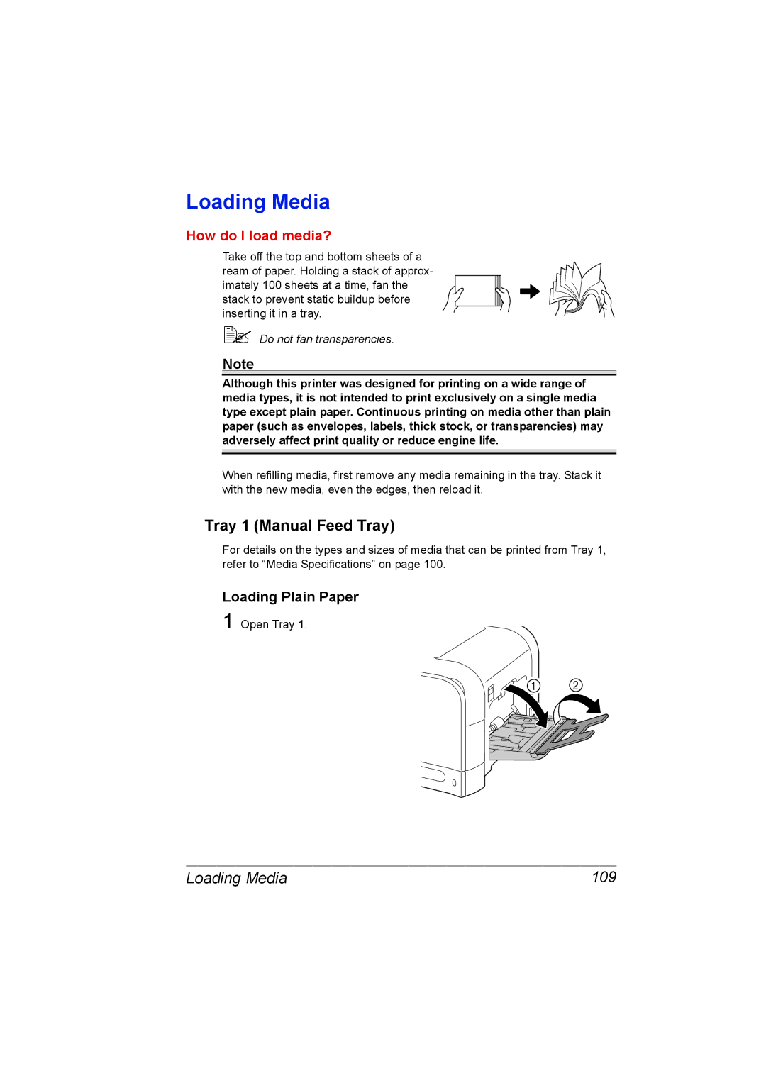 Konica Minolta C20P manual Tray 1 Manual Feed Tray, Loading Media 109, Loading Plain Paper 