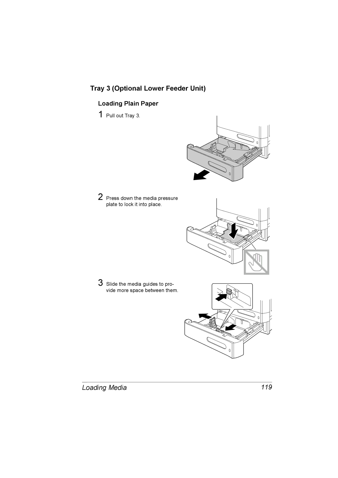 Konica Minolta C20P manual Tray 3 Optional Lower Feeder Unit, Loading Media 119 