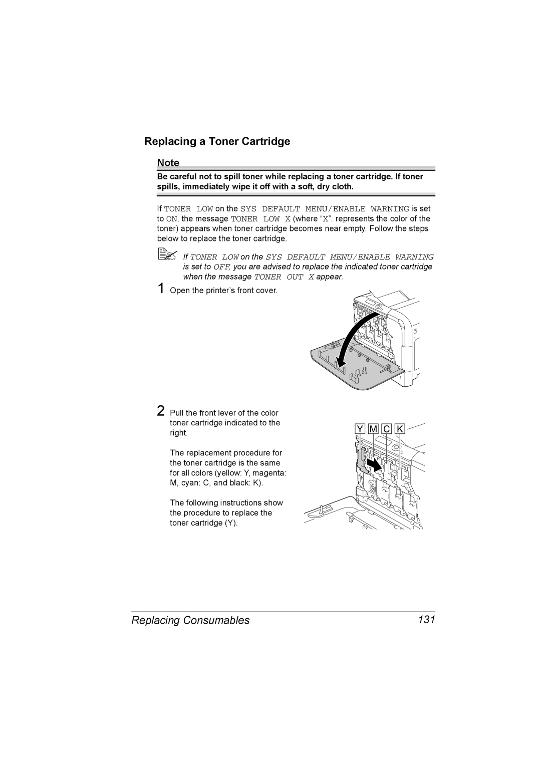 Konica Minolta C20P manual Replacing a Toner Cartridge, Replacing Consumables 131 