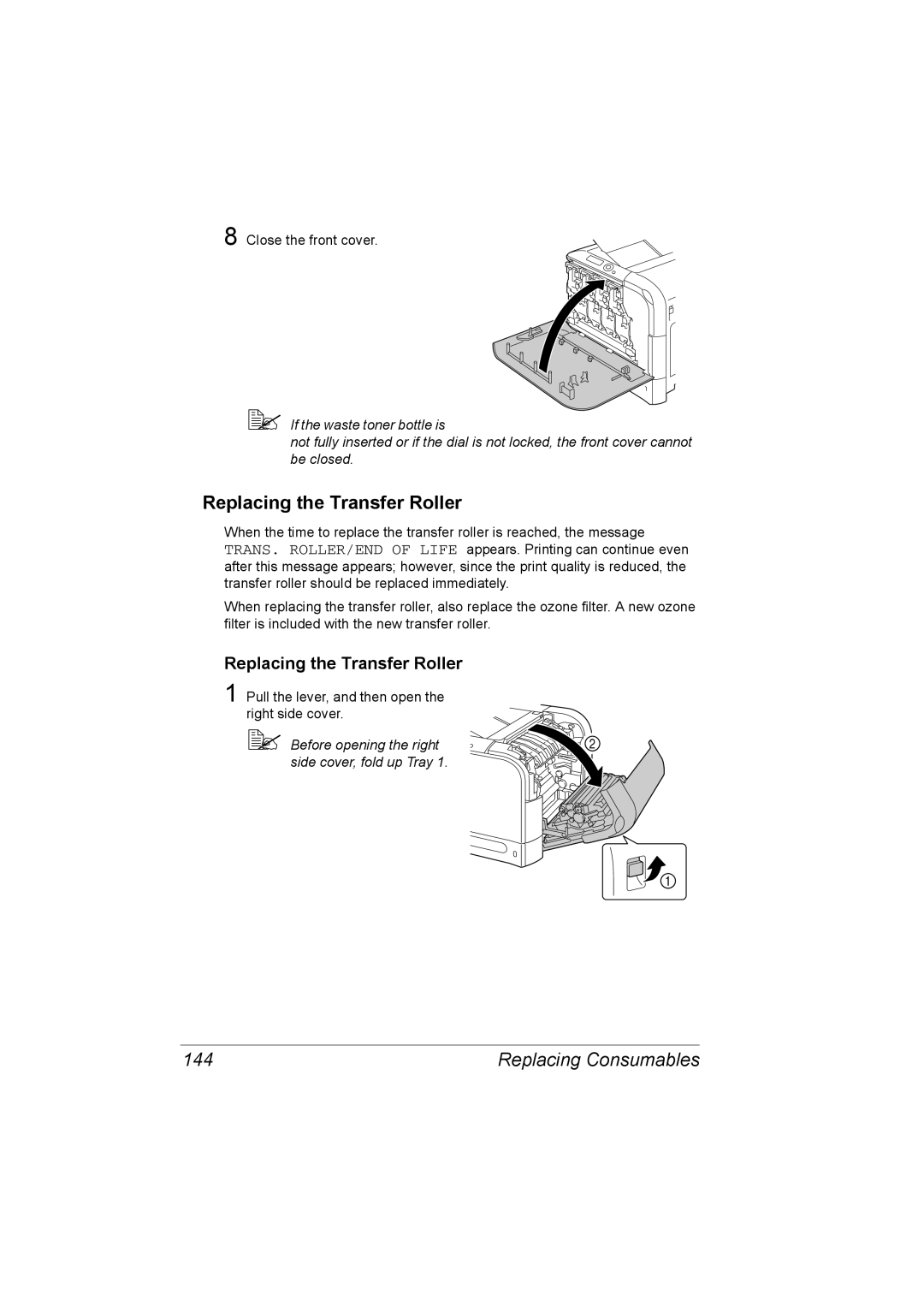 Konica Minolta C20P manual Replacing the Transfer Roller, 144 