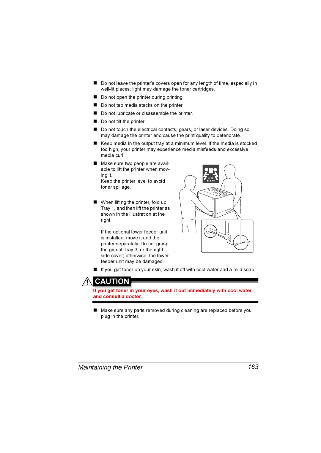 Konica Minolta C20P manual Maintaining the Printer 163, Toner spillage 