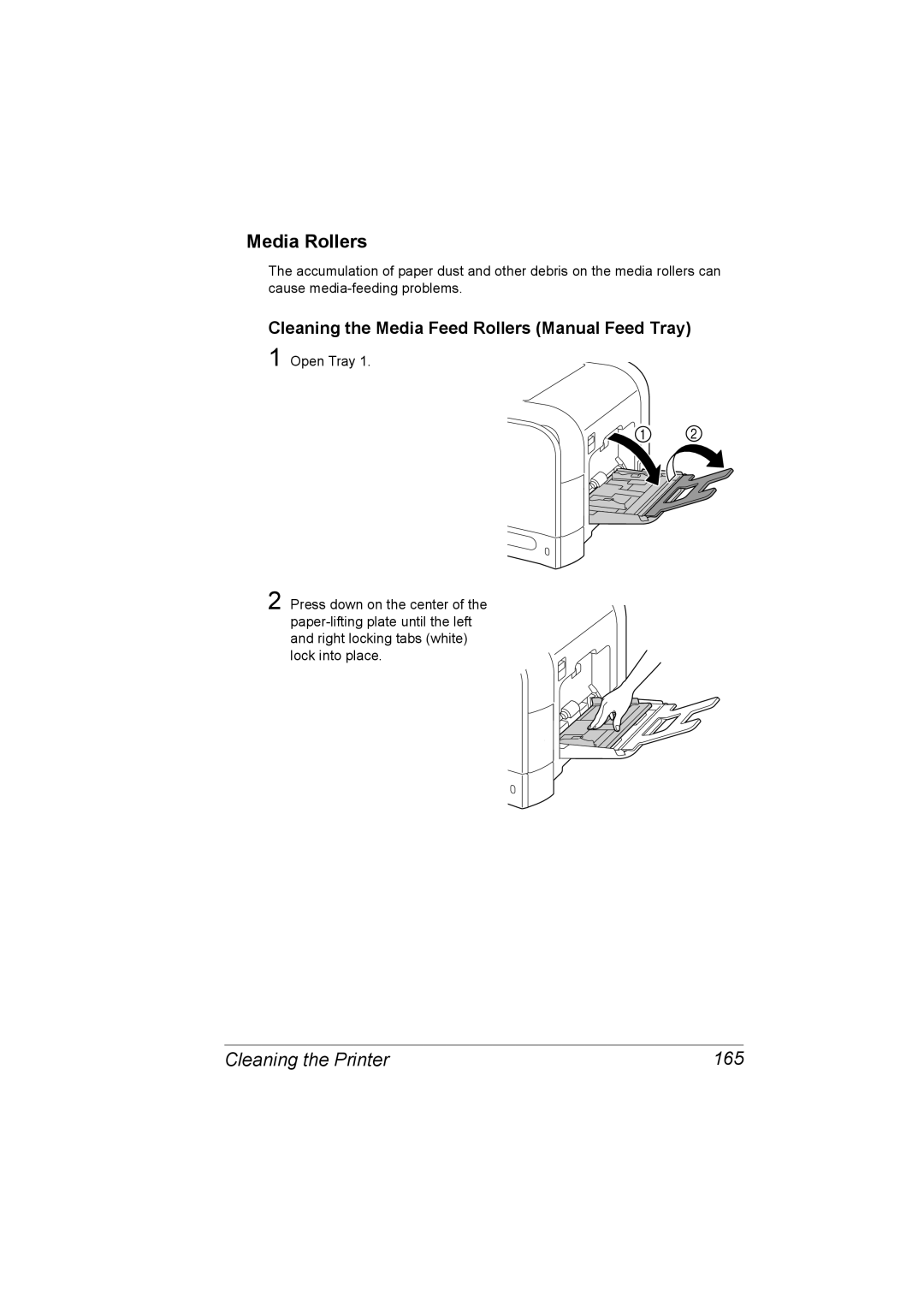 Konica Minolta C20P manual Media Rollers, Cleaning the Printer 165, Cleaning the Media Feed Rollers Manual Feed Tray 