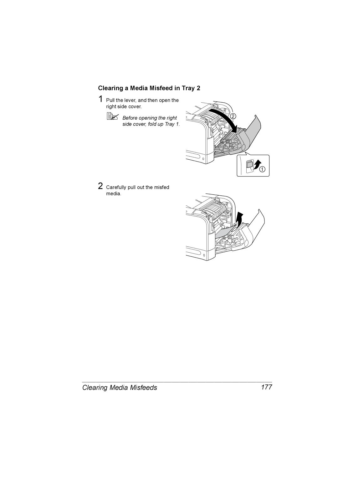 Konica Minolta C20P manual Clearing Media Misfeeds 177, Clearing a Media Misfeed in Tray 