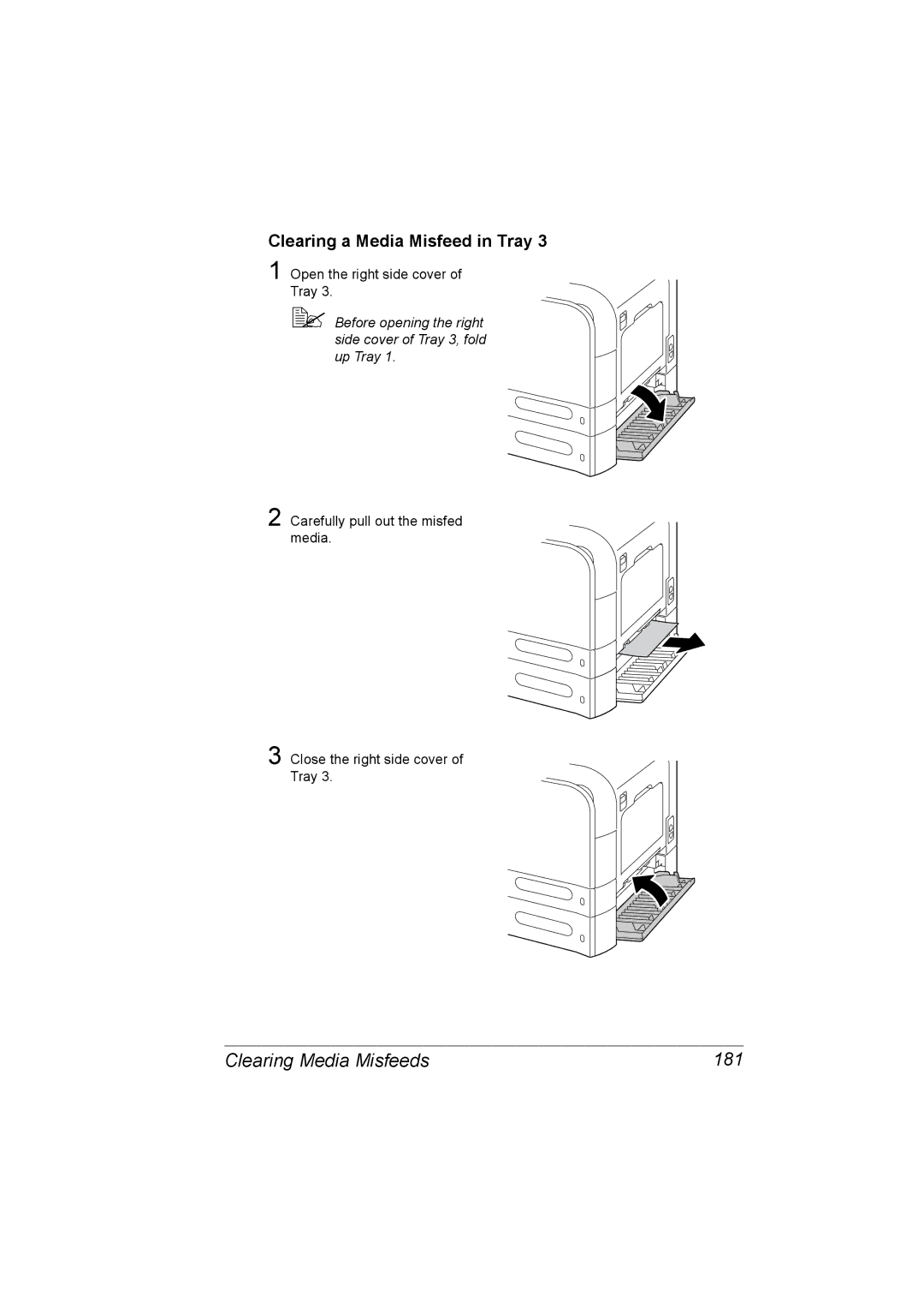 Konica Minolta C20P manual Clearing Media Misfeeds 181, Clearing a Media Misfeed in Tray 