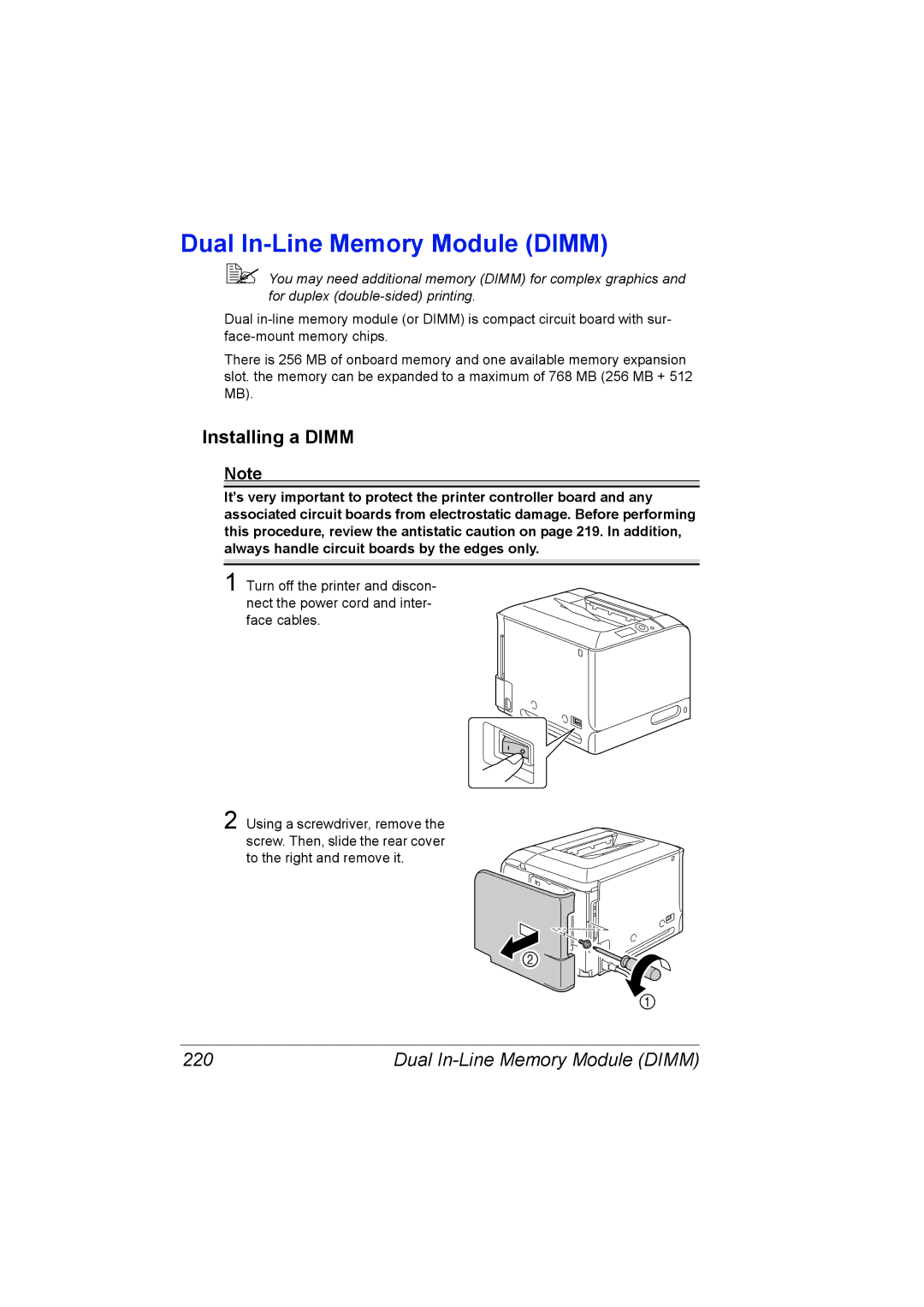 Konica Minolta C20P manual Dual In-Line Memory Module Dimm, Installing a Dimm, 220 