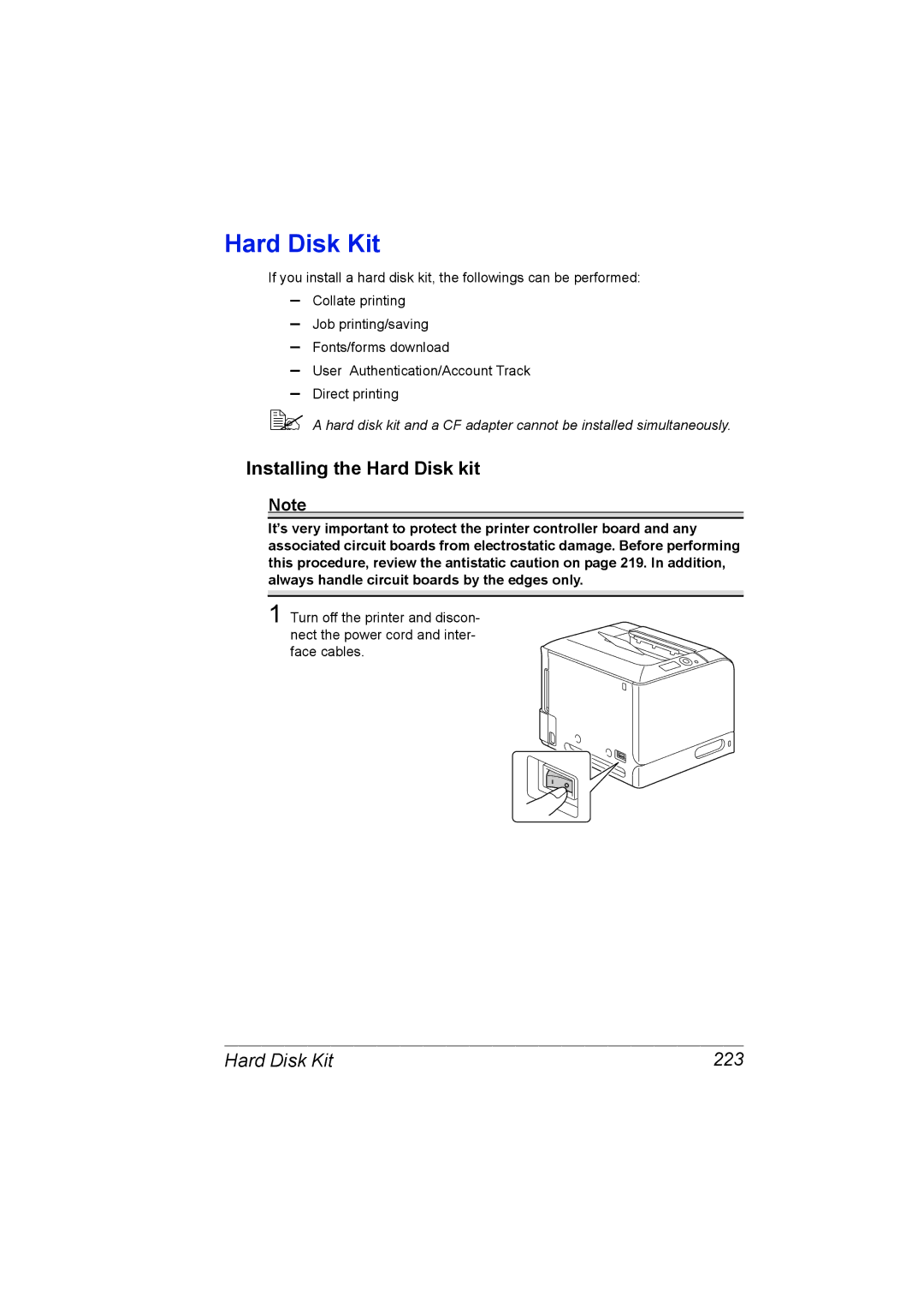 Konica Minolta C20P manual Installing the Hard Disk kit, Hard Disk Kit 223 