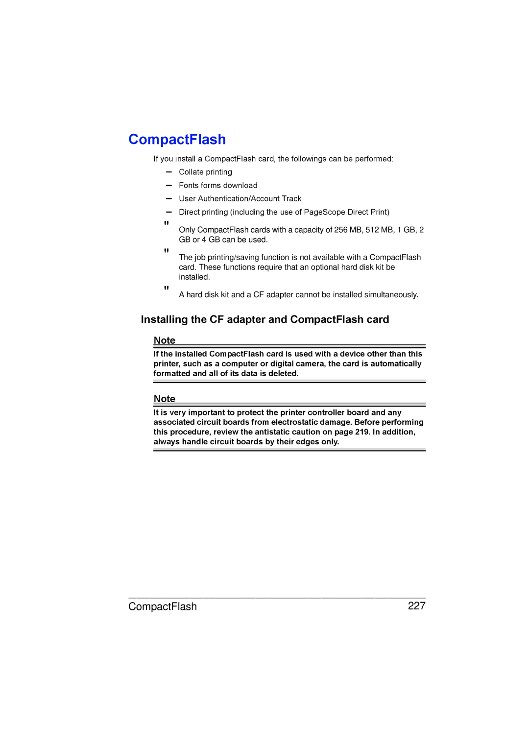 Konica Minolta C20P manual Installing the CF adapter and CompactFlash card, CompactFlash 227 