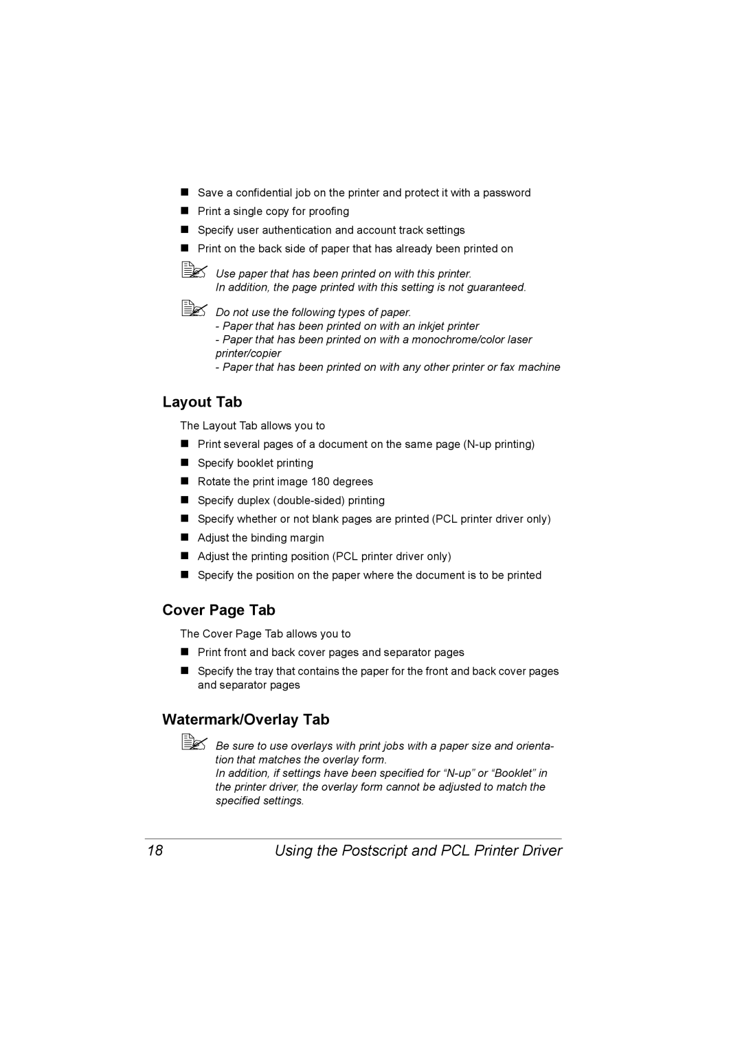 Konica Minolta C20P manual Layout Tab, Cover Page Tab, Watermark/Overlay Tab 