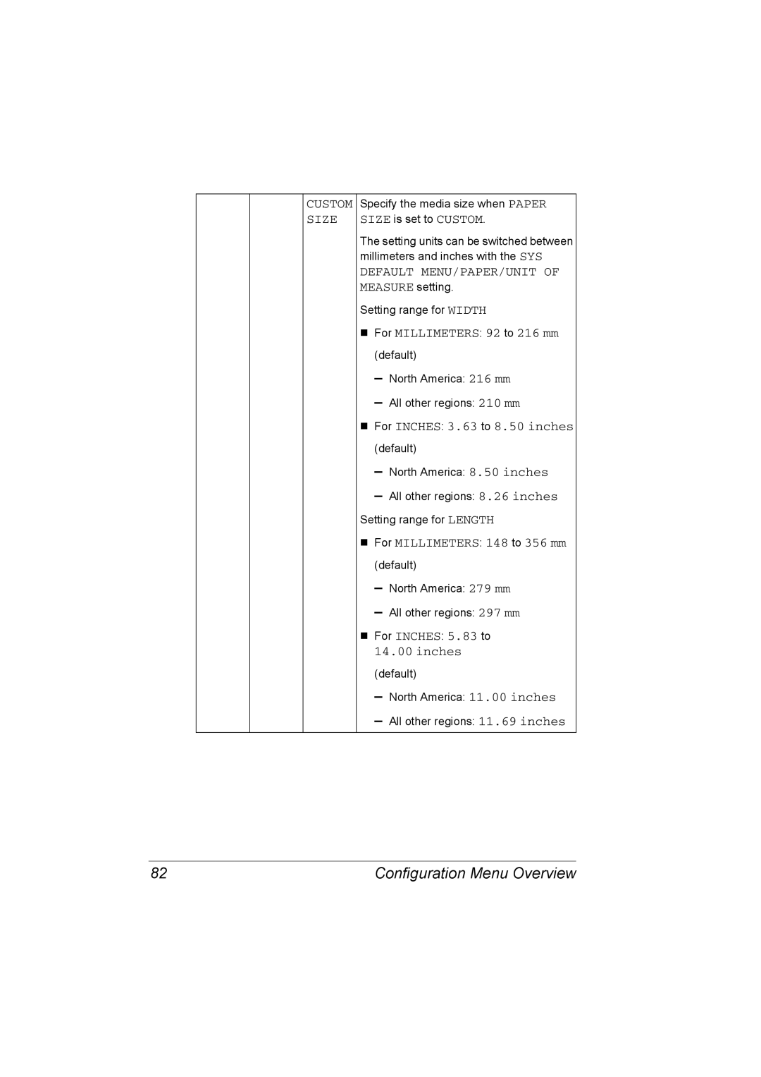 Konica Minolta C20P manual Specify the media size when Paper Size is set to Custom 