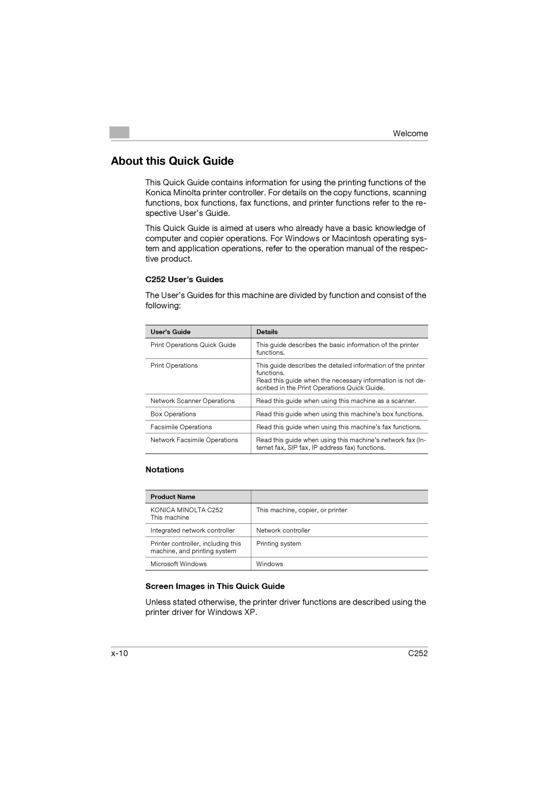 Konica Minolta appendix About this Quick Guide, C252 User’s Guides, Notations, Screen Images in This Quick Guide 