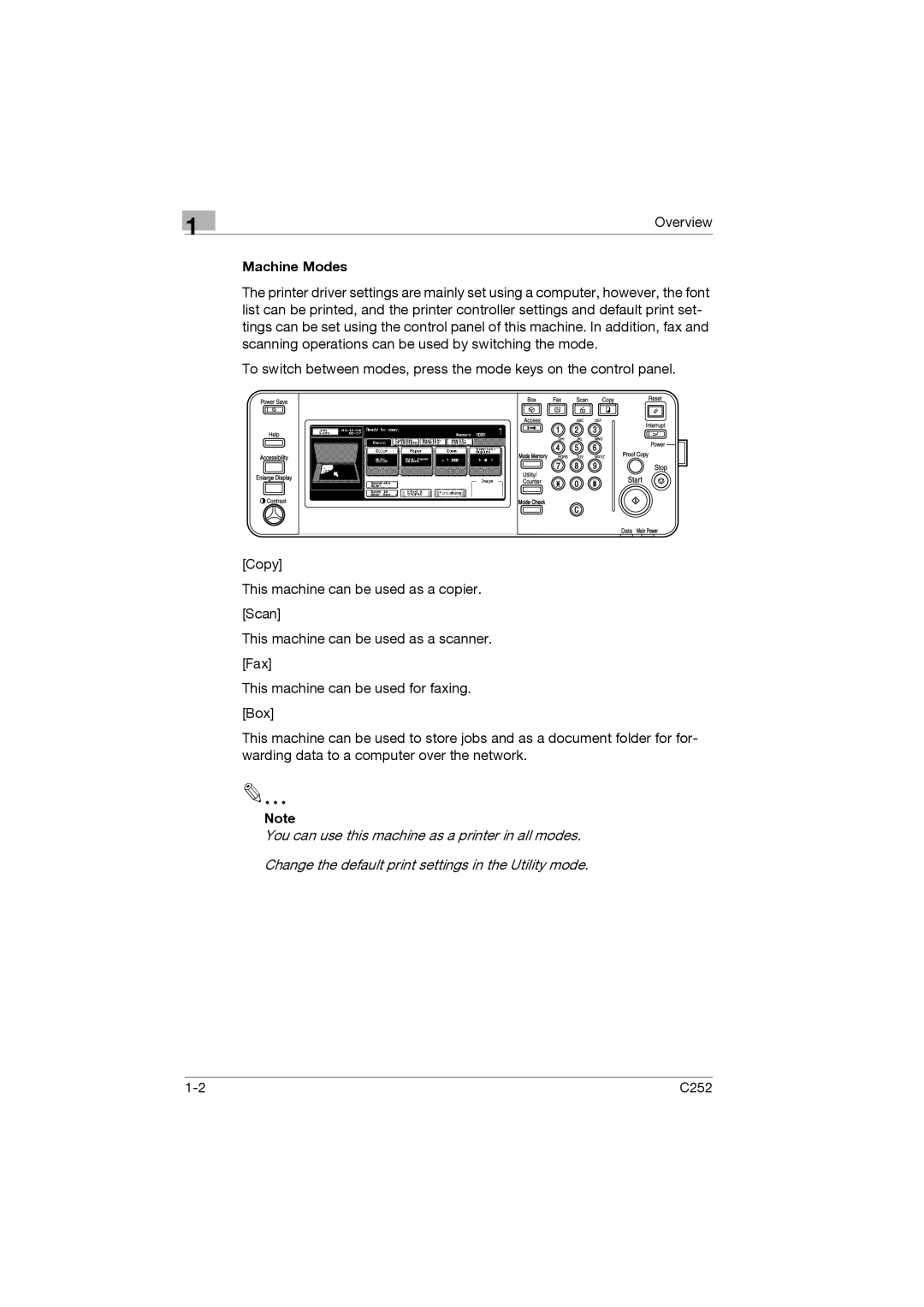 Konica Minolta C252 appendix Machine Modes, Fax Scan Copy 