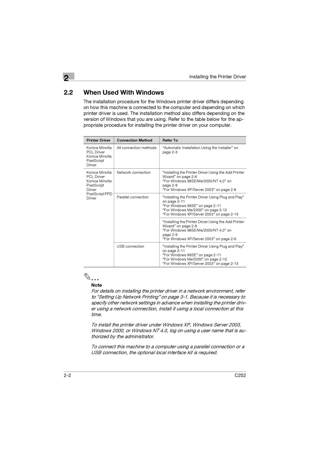 Konica Minolta C252 appendix When Used With Windows, Printer Driver Connection Method Refer To 