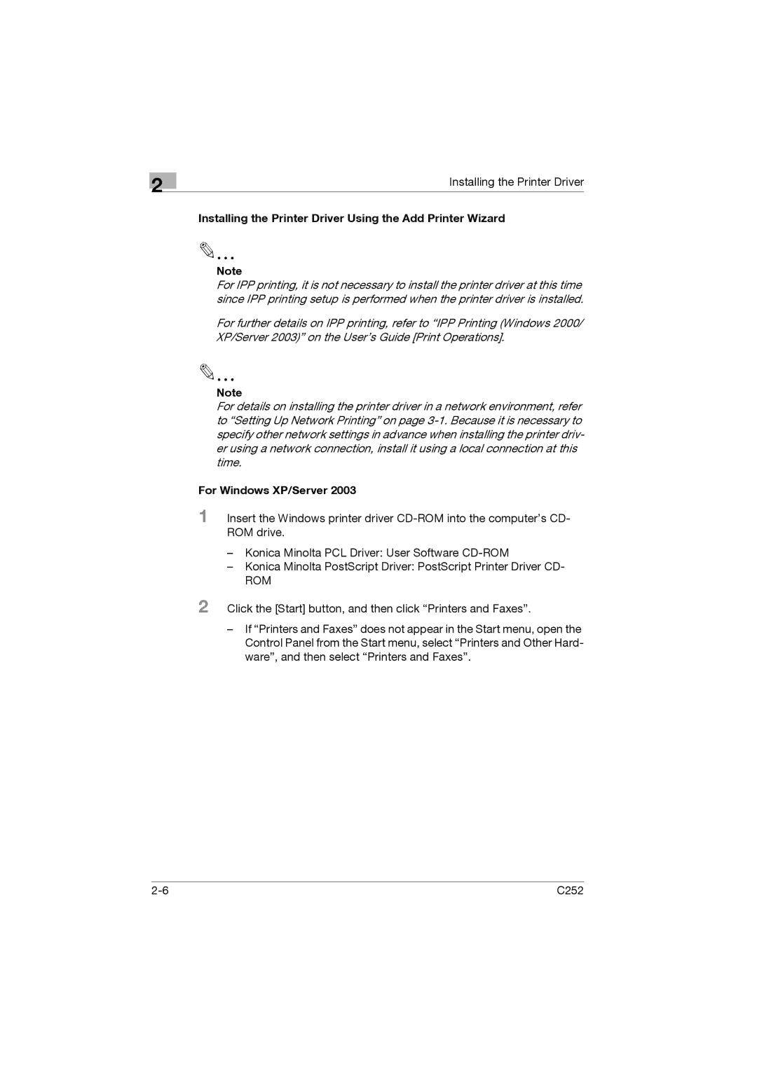 Konica Minolta C252 appendix Installing the Printer Driver Using the Add Printer Wizard, For Windows XP/Server 