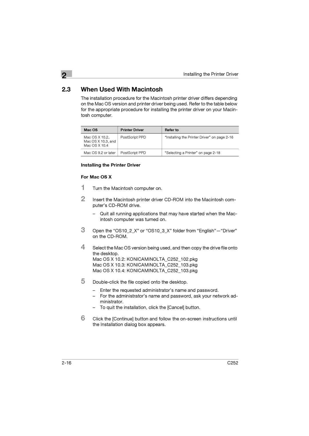 Konica Minolta C252 When Used With Macintosh, Installing the Printer Driver For Mac OS, Mac OS Printer Driver Refer to 