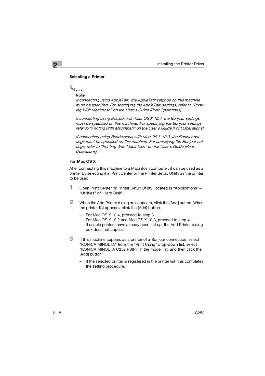 Konica Minolta C252 appendix Installing the Printer Driver, Selecting a Printer 