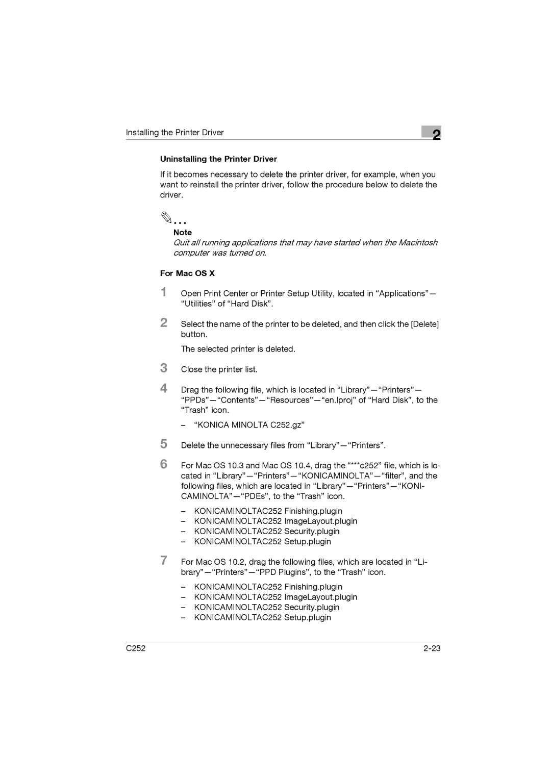 Konica Minolta C252 appendix Uninstalling the Printer Driver 