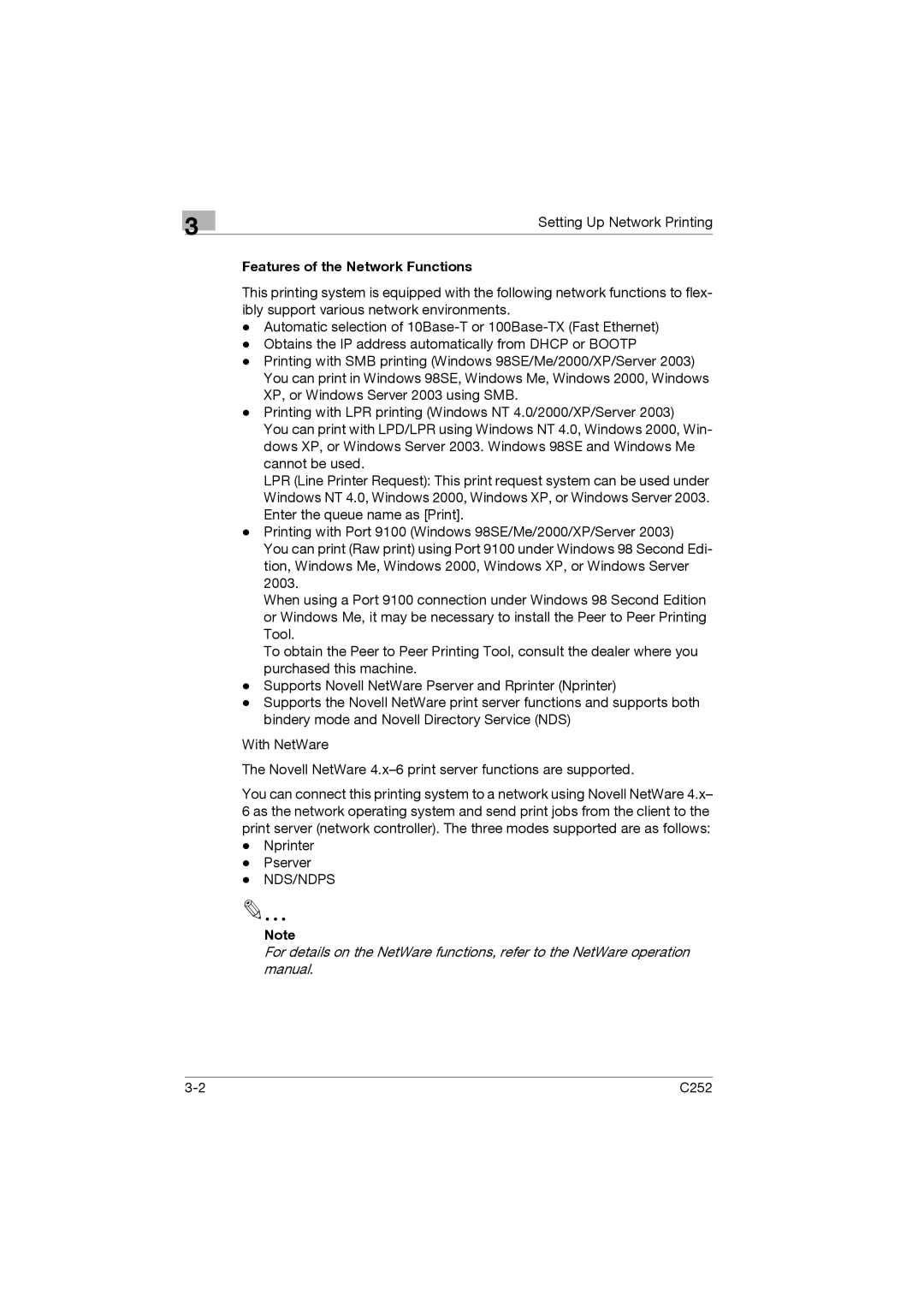 Konica Minolta C252 appendix Features of the Network Functions, Nprinter Pserver 