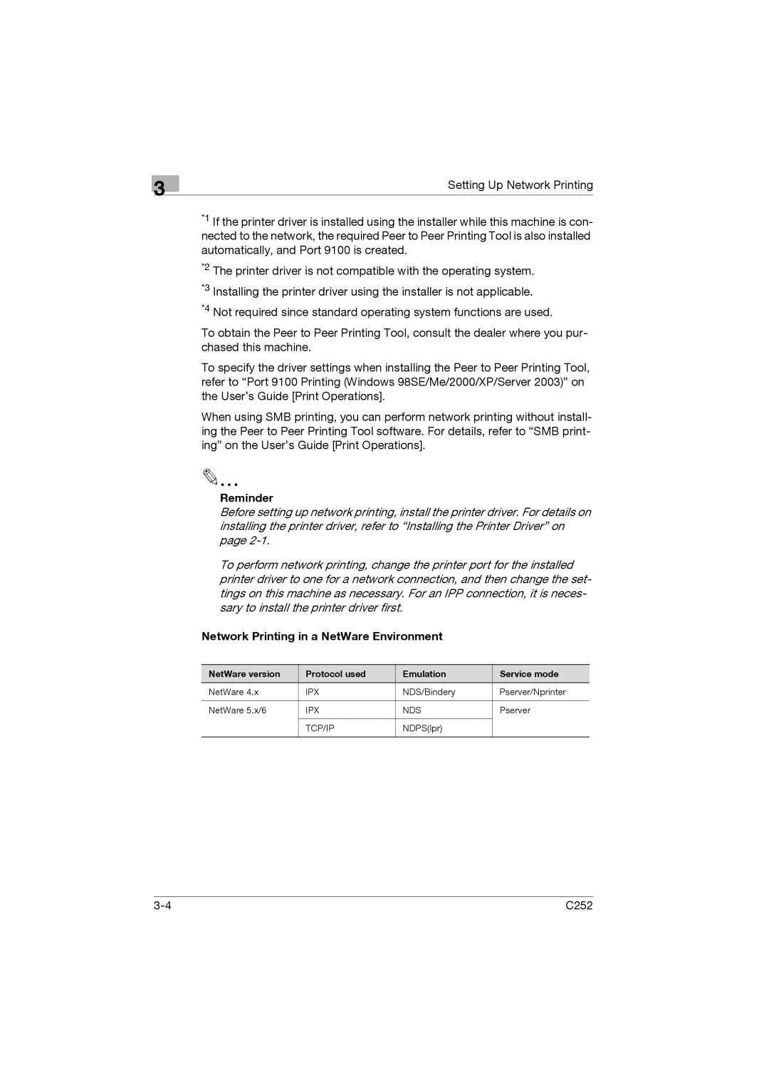 Konica Minolta C252 appendix Reminder, Network Printing in a NetWare Environment 