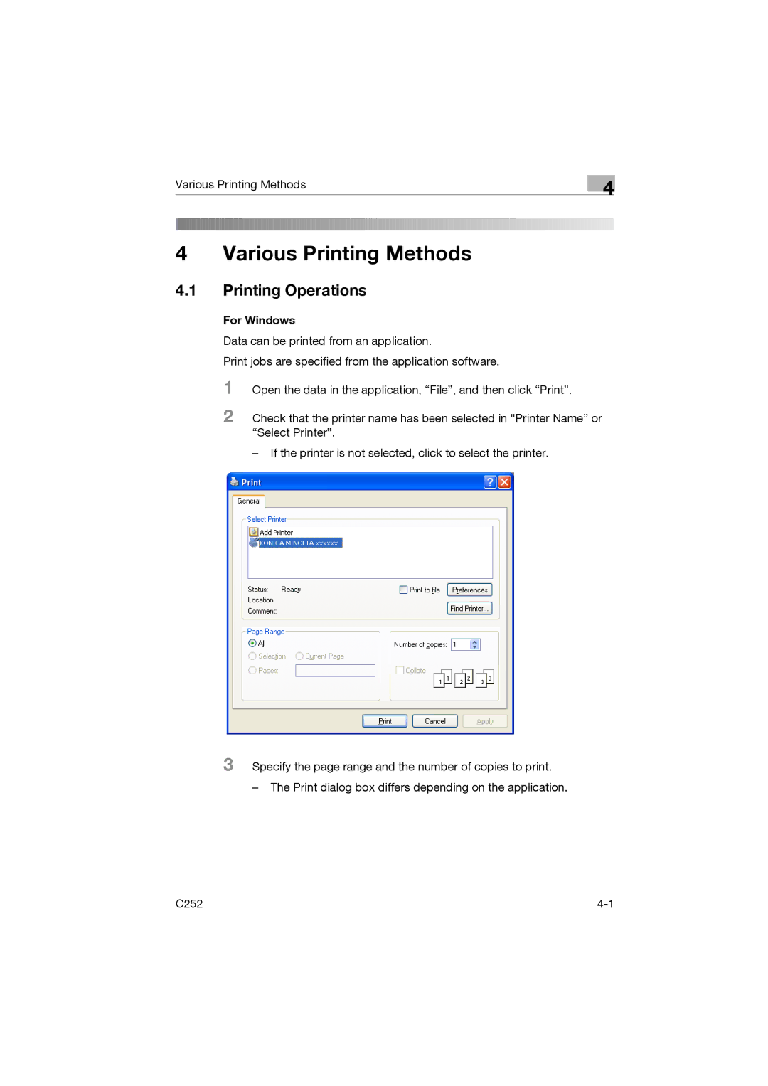 Konica Minolta C252 appendix Printing Operations, For Windows 