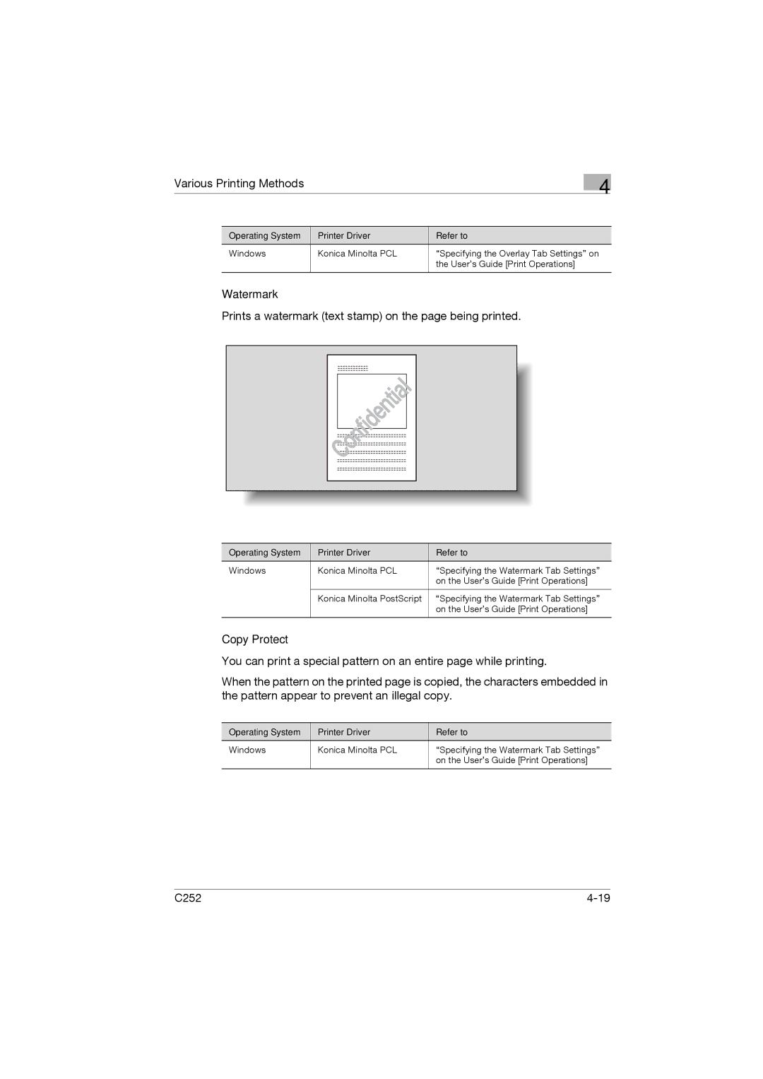 Konica Minolta C252 appendix Watermark, Prints a watermark text stamp on the page being printed, Copy Protect 