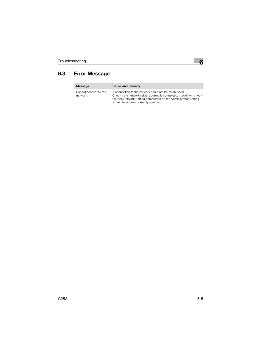 Konica Minolta C252 appendix Error Message, Message Cause and Remedy 