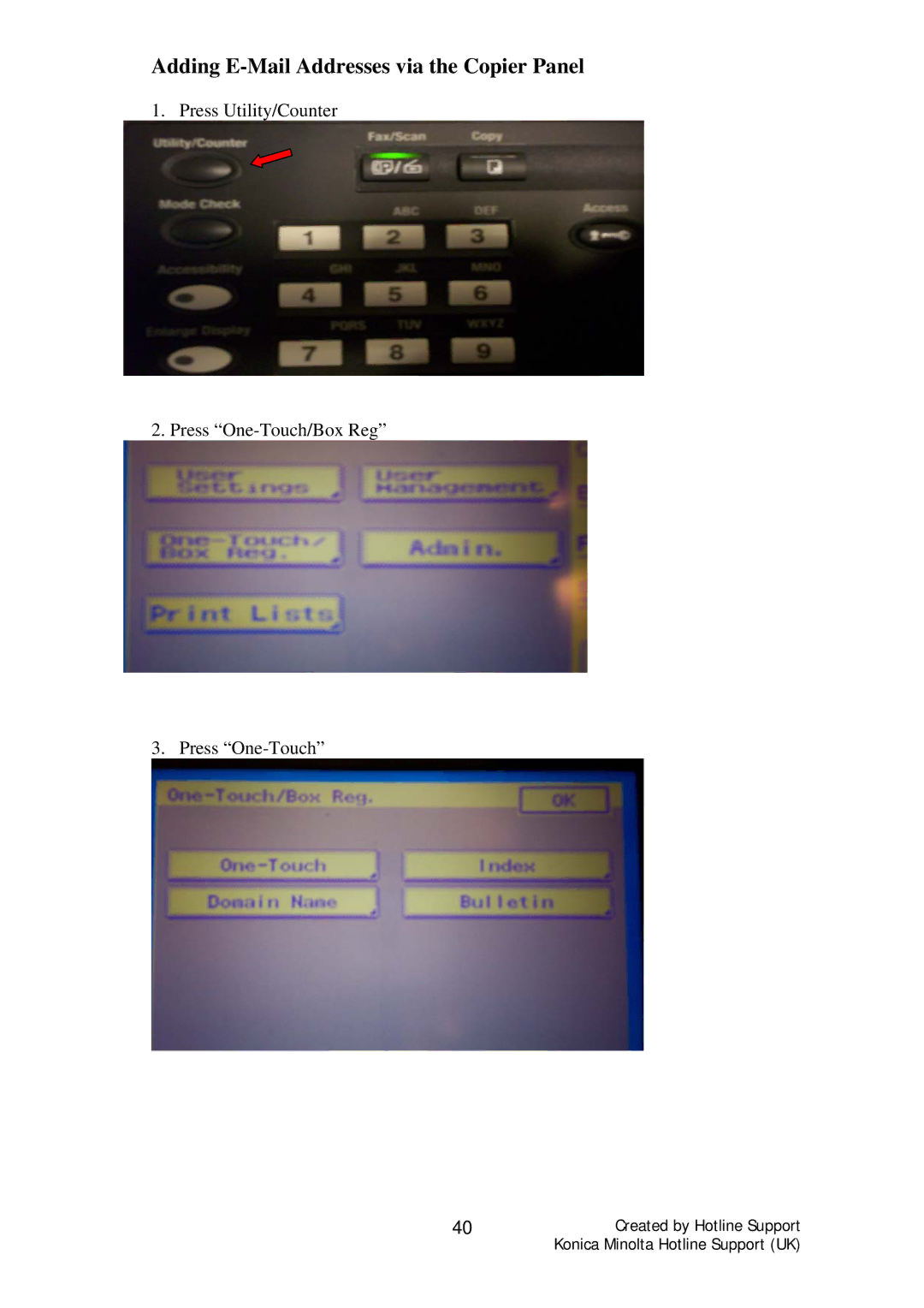 Konica Minolta C300, C350, C353, C451, C200, C250 manual Adding E-Mail Addresses via the Copier Panel 