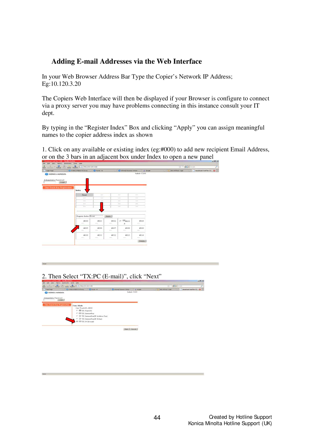 Konica Minolta C451, C350, C353, C200, C300, C250 manual Adding E-mail Addresses via the Web Interface 