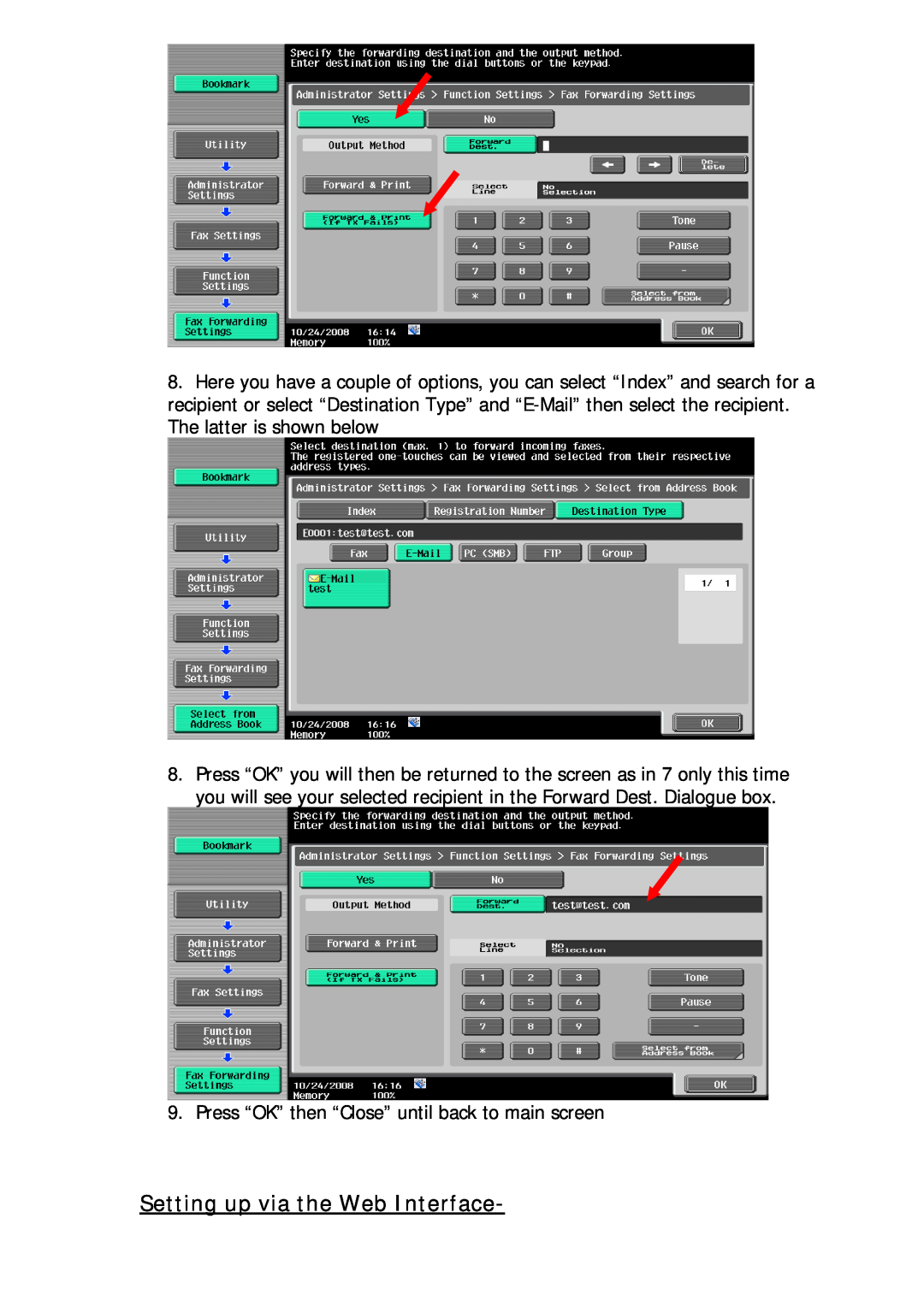 Konica Minolta C351, 650, 361/421/501, 420/500, 550, 250/350, 253, 600/750, 451 manual Setting up via the Web Interface 