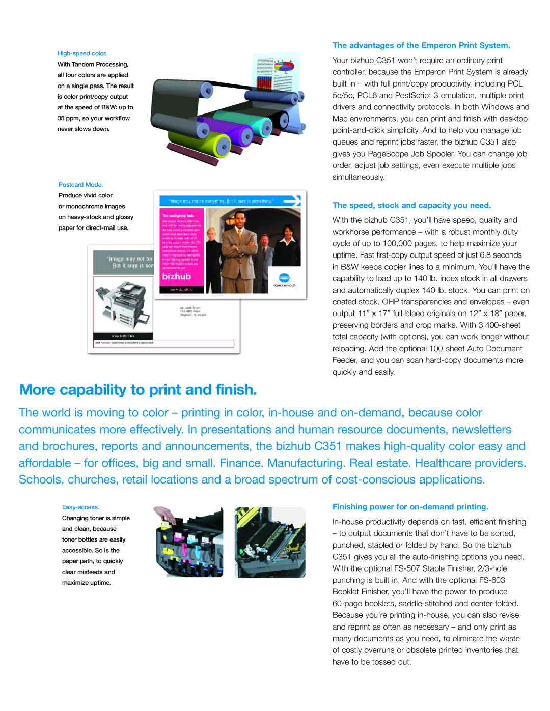 Konica Minolta C351 manual More capability to print and finish, Advantages of the Emperon Print System 