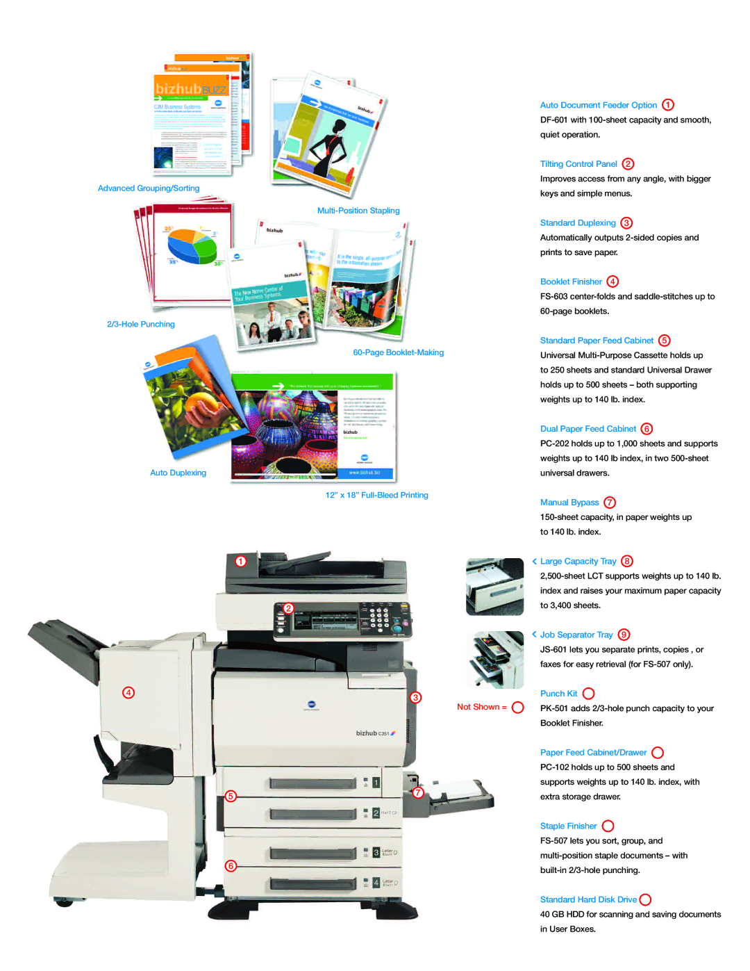 Konica Minolta C351 manual Tilting Control Panel, Standard Duplexing, Booklet Finisher, Manual Bypass, Large Capacity Tray 