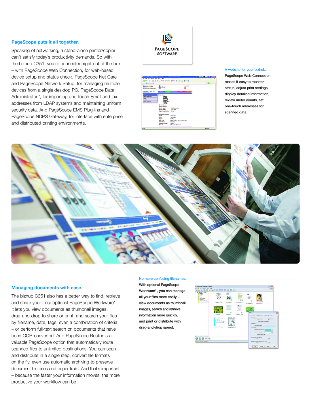 Konica Minolta C351 manual PageScope puts it all together, Managing documents with ease 