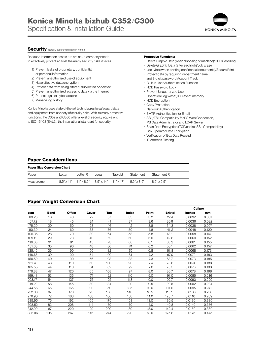 Konica Minolta dimensions Paper Considerations, Paper Weight Conversion Chart, Konica Minolta bizhub C352/C300 