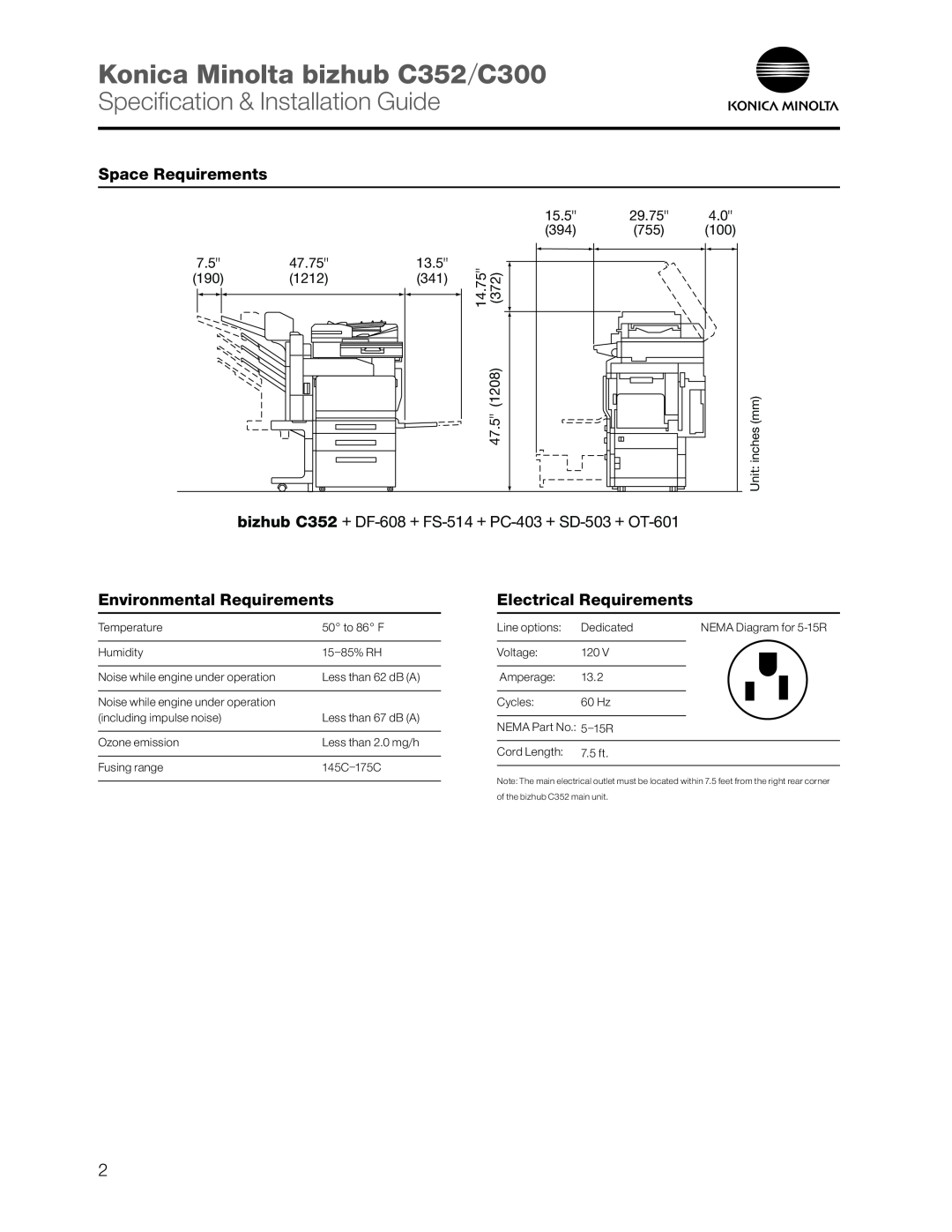 Konica Minolta dimensions Konica Minolta bizhub C352 C300, Specification & Installation Guide, Space Requirements 