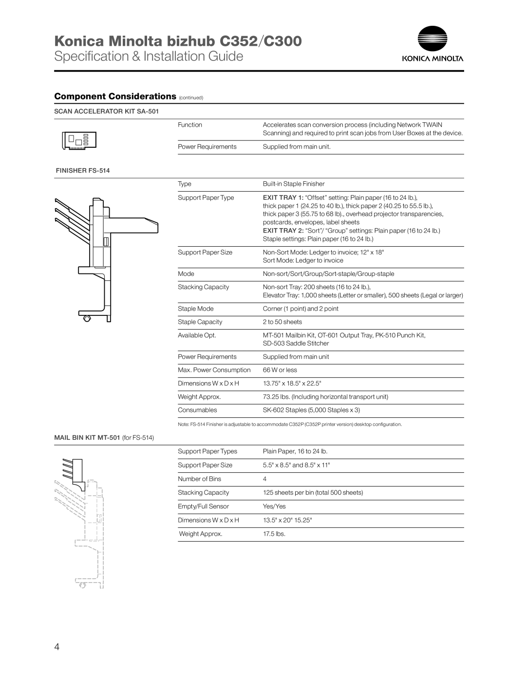 Konica Minolta C352 Specification & Installation Guide, Component Considerations continued, Scan Accelerator Kit SA-501 