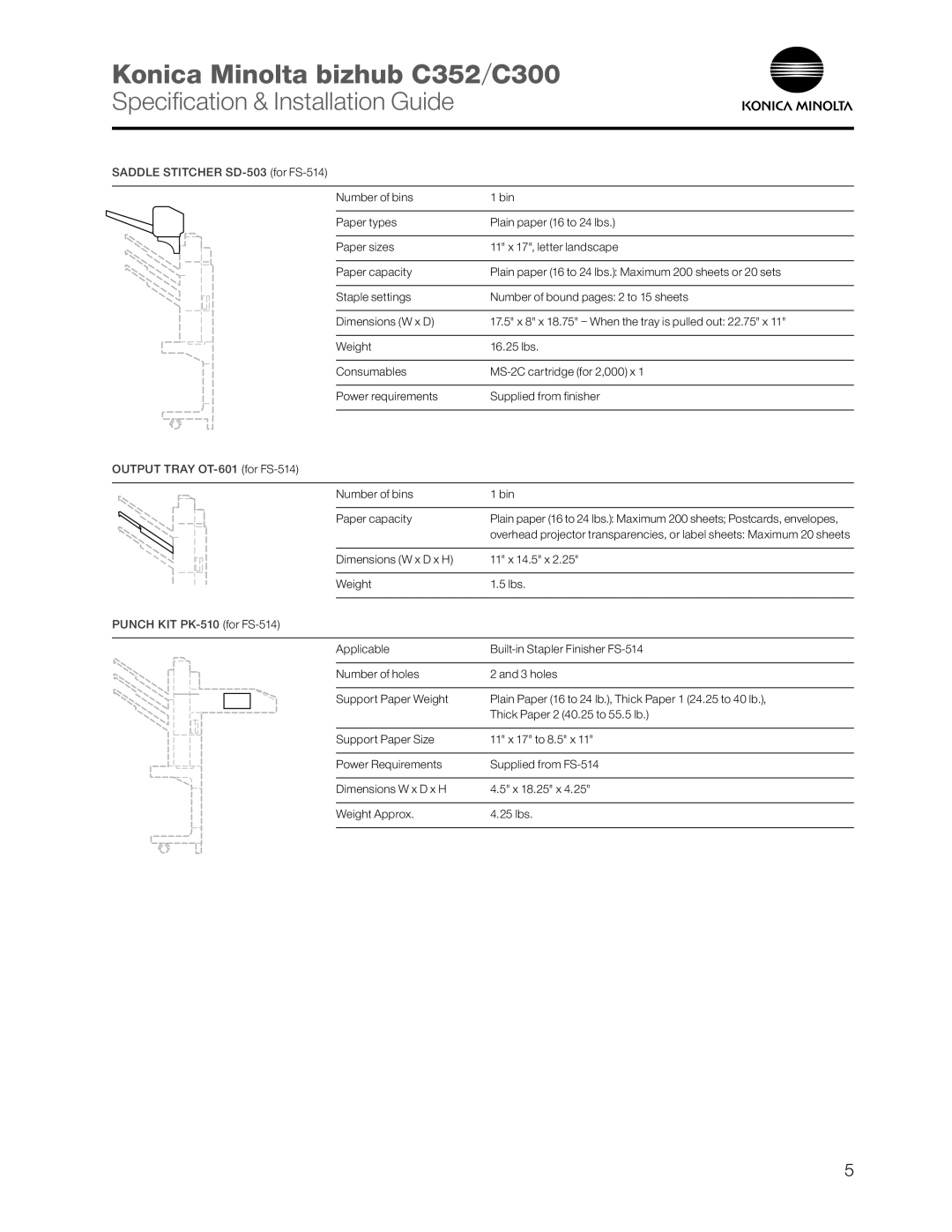 Konica Minolta Konica Minolta bizhub C352 C300, Specification & Installation Guide, Saddle Stitcher SD-503 for FS-514 