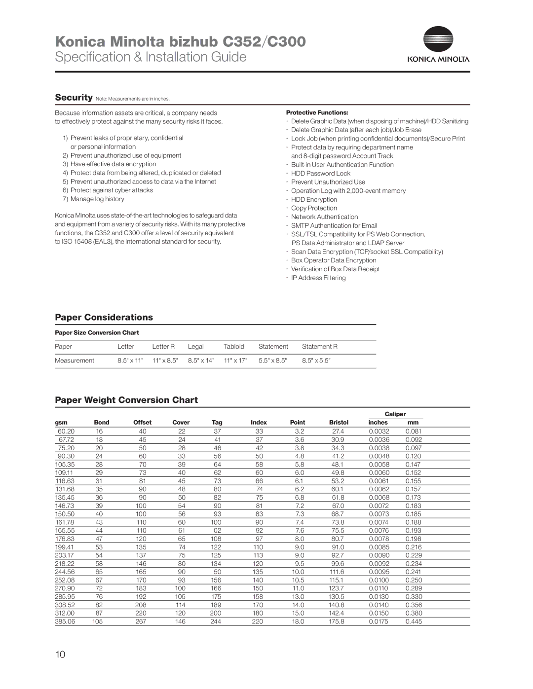 Konica Minolta C352 dimensions Paper Considerations, Paper Weight Conversion Chart 