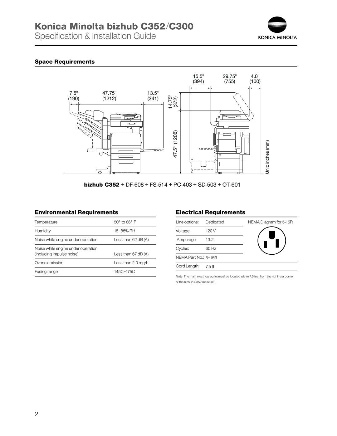 Konica Minolta C352 dimensions Space Requirements, Environmental Requirements, Electrical Requirements 