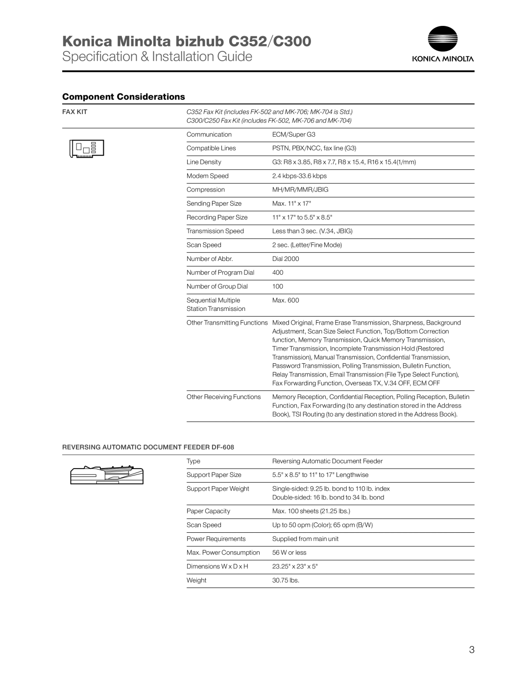 Konica Minolta C352 Component Considerations, Fax Kit, Mh/Mr/Mmr/Jbig, Reversing Automatic Document Feeder DF-608 